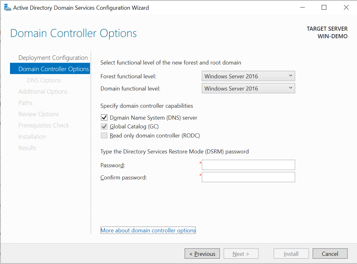 Domain Controller Options-skjermbildet