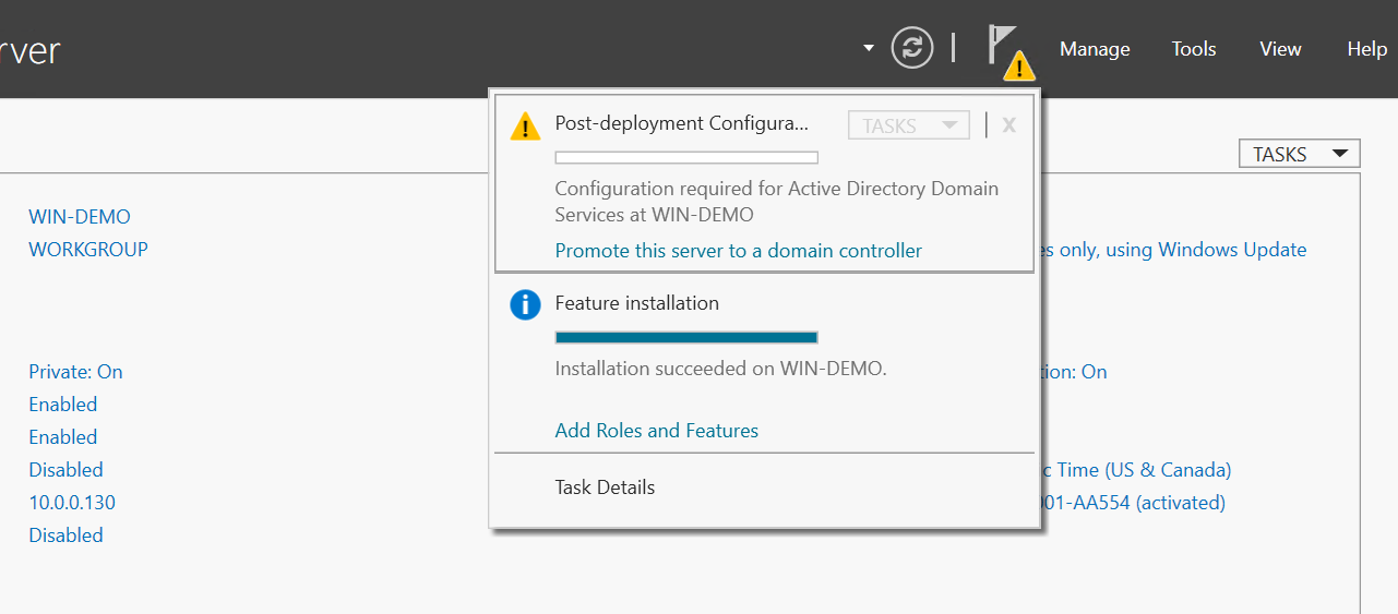 Server Manager-varselet med Promote this server to a domain controller