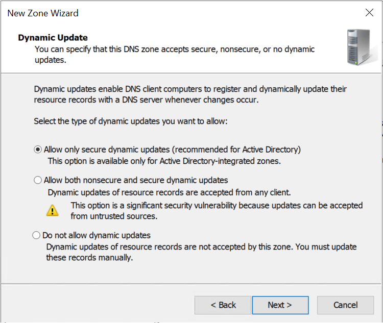Velg Allow only secure dynamic updates