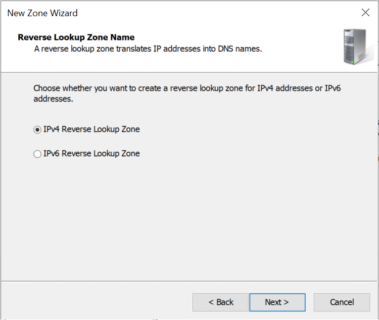 Velg IPv4 Reverse Lookup Zone