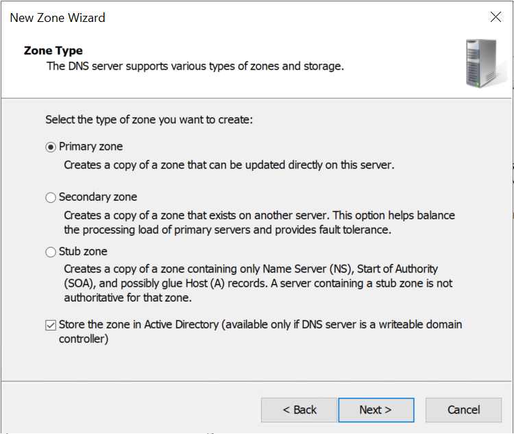 Velg Primary zone og Store the zone in Active Directory
