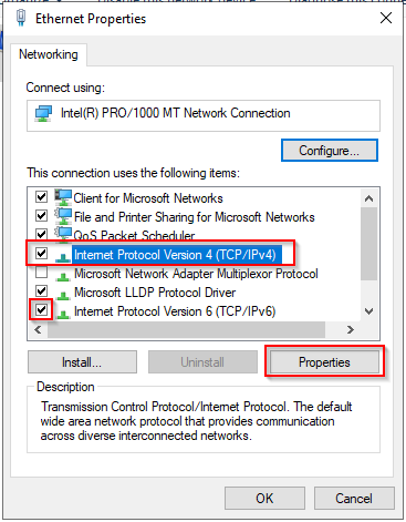 Ethernet Properties-dialogen med TCP/IPv4 merket