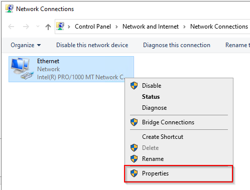 Network Connections-vinduet i Windows Server