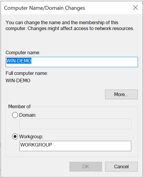 System Properties-vinduet med mulighet for å endre Computer Name